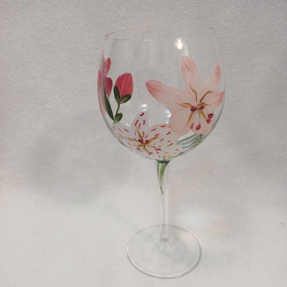 9" Goblet HAND PAINTED WINE GLASS Tropical Asian Lilly Flowers - Picture 12 of 14